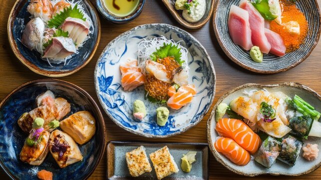 A picturesque view of a traditional Japanese izakaya with various dishes served on wooden tables, creating a warm and inviting dining atmosphere.