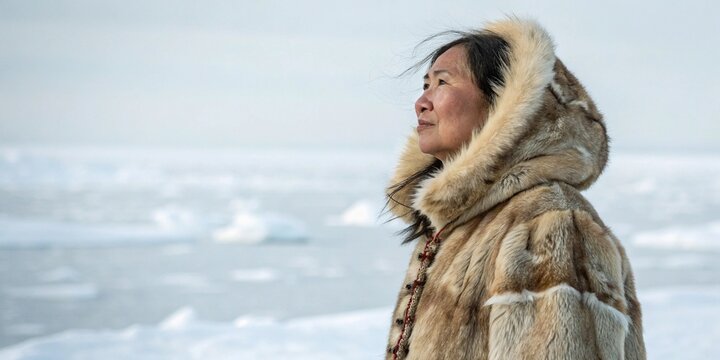 Inuit woman in traditional sealskin parka, neutral icy background.