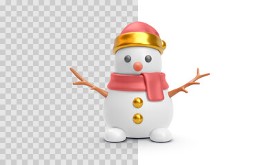WebCute Snowman with Red Scarf and Golden Hat in Festive Winter Style, Ideal for Christmas Cards, Holiday Posters or Seasonal Design Projects. Joyful Vector Illustration in 3D Look.