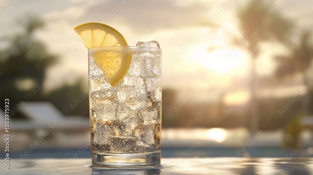 Poster a refreshing glass of fizzy soda filled with ice cubes, topped with a slice of lemon, and bubbles ri