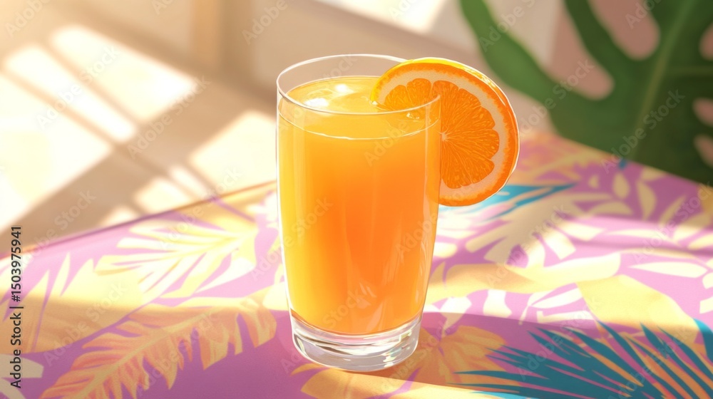Poster a refreshing glass of orange juice with a slice of orange on the rim, placed on a colorful tableclot