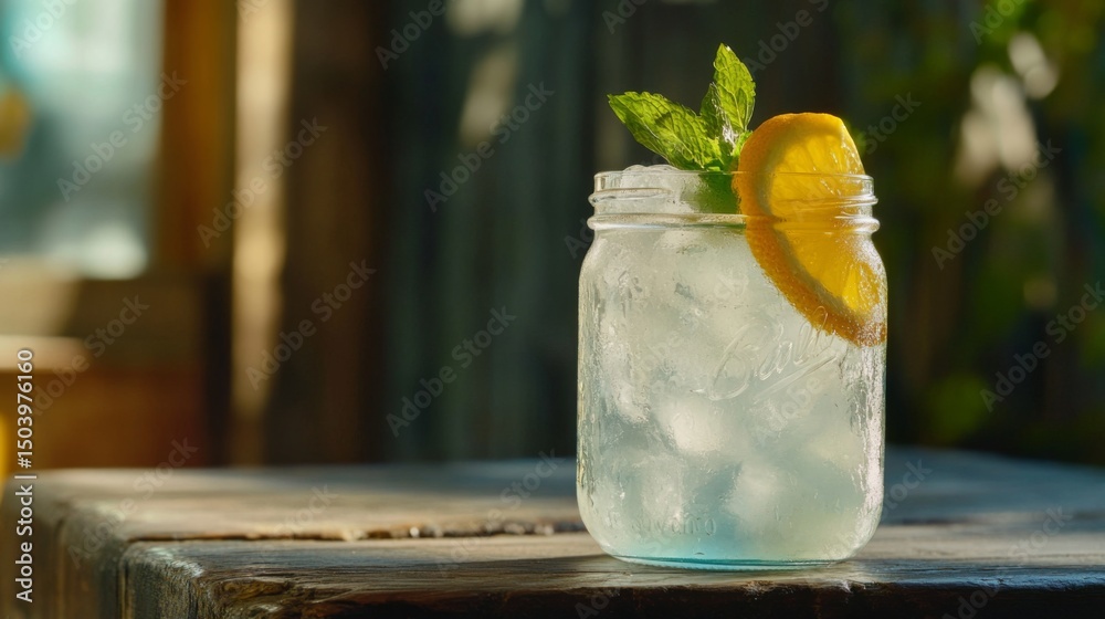 Poster a refreshing soda served in a mason jar with ice, topped with a lemon slice and mint, sitting on a r