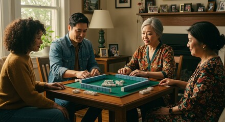 Fototapeta premium Family members play mahjong together at home showing generational bonding inside