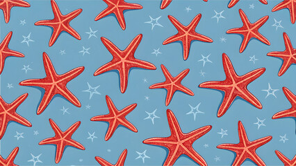 Starfish Fantasy: A mesmerizing ocean of crimson starfish dancing playfully on a pale blue canvas, interspersed with twinkling stars, conjuring a sense of whimsy and aquatic charm.