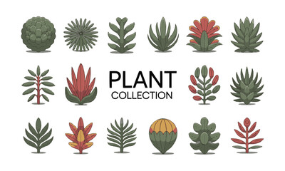 A collection of stylized vector bushes and ornamental plants arranged in a grid layout, easily editable and scalable.