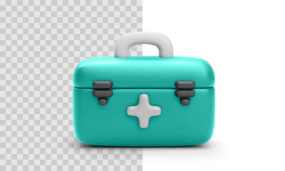 Closed Medical First Aid Kit With Handle And Cross Symbol In Clean 3D Style On Transparent And White Background. Compact Emergency Healthcare Box. Vector Illustration.