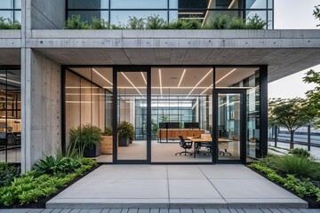 Elegant Urban Office Facades Featuring Concrete Glass and Greenery