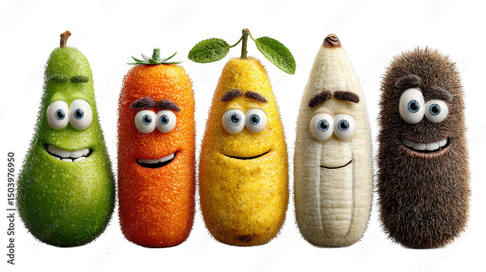 Aufkleber colorful group of funny fruit characters displaying unique personalities and expressions on a bright