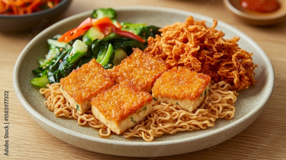 Poster a serene image of instant noodles served with a side of crispy fried tofu and vegetables, arranged b