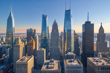 Naklejka premium Aerial Drone Perspective of Iconic Skyscrapers Showcasing Dynamic Urban Commercial Area Under Clear Summer Skies