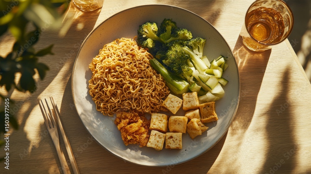Poster a serene image of instant noodles served with a side of crispy fried tofu and vegetables, arranged b
