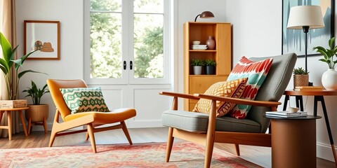 Mid-century modern chair, colorful pillows, knot cushion, stylish living room, cozy contemporary space,  apartment,  decor