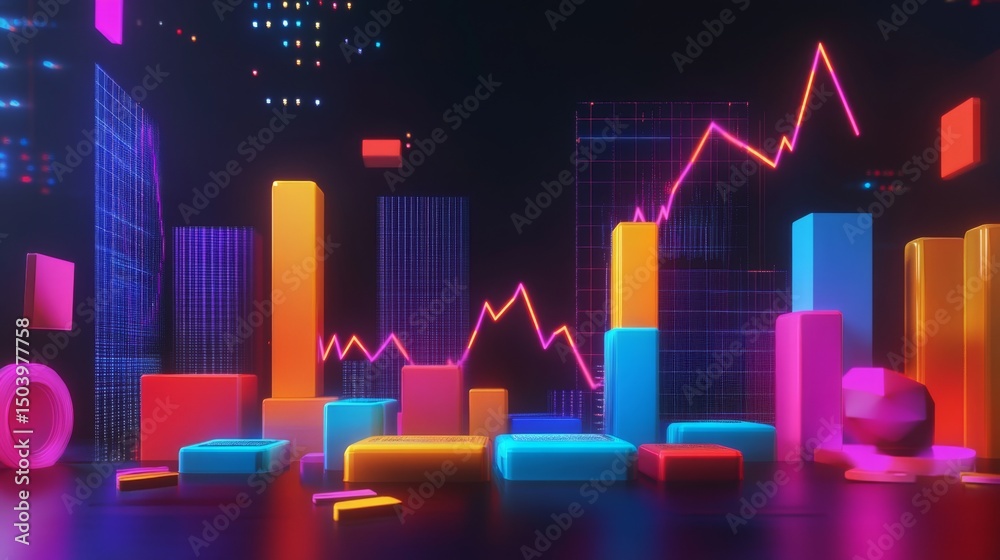 Leinwandbilder a set of colorful d financial graphs showing stock performance and business growth, set against a da