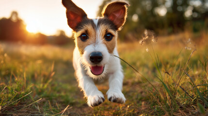 Jack Russell terrier dashes through grass with joyful energy, embodying carefree spirit of play series