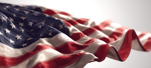 Close-up of a waving American flag, showcasing its rich texture and vibrant colors. The folds and creases of the fabric create a dynamic visual.