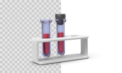 Blood Sample Tubes In Holder On Transparent And White Background. Medical Test Equipment For Laboratory Or Hospital Use. Clean And Minimal 3D Style. Vector Illustration.