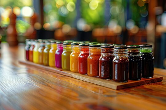 Ultra Quality Picture of Variety of Sauces in Glass Jars on a Wooden Table in a Restaurant
