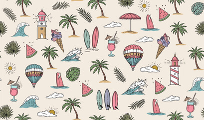 Hello Summer, pattern with surfboard, palm tree and wave, hand drawn illustration.	
