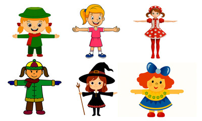 Set of Six Different Girls T-Pose 3D Design Rigging Animating. The t-pose is AI generated.