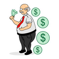 businessman with dollar sign. vector of big belly old man having lots of dollar bills