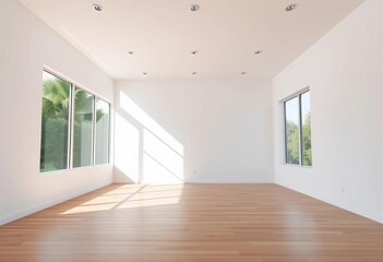 Fototapeta premium Modern empty house interior, white walls, wooden floors, large windows, nature view, scandi, walls