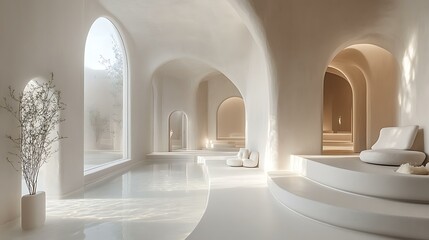 Floating Silence Studio evoking calm through spatial stillness, organic white flow, and floating forms Weightless Minimalist Architecture Silence-Focused Interior Design