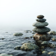 Stacked stones by calm water misty scene zen balance nature