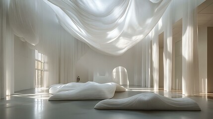 Floating Silence Studio layered with fabric waves, diffused skylight, and hovering objects Weightless Minimalist Architecture Silence-Focused Interior Design