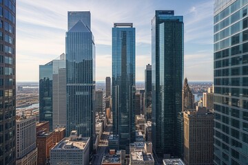 Downtown Skyline Perspective on Tall Glass Buildings in a Busy Urban Environment
