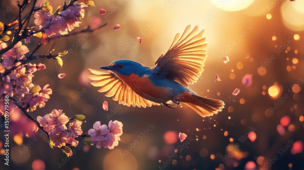 Poster a vibrant bluebird in full flight, captured in sharp detail as it flits between branches, surrounded