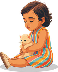 Cute girl kid pat on the cat vector illustration