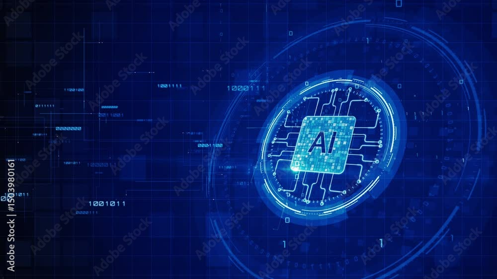 Poster artificial intelligence microchip with circuit lines and binary code in futuristic blue digital inte