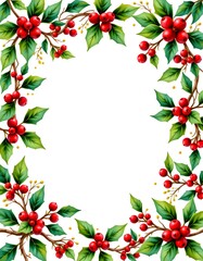 Fototapeta premium mistletoe christmas wreath border pattern, watercolor painting white background.