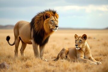 Lion illustration. Lion couple. Lion on nature background. Animals in dry grassland outdoors.