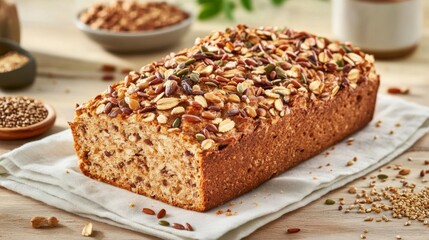 A warm loaf of whole grain bread placed on a linen cloth, surrounded by scattered grains and seeds, emphasizing its wholesome nature.