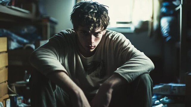 A man is sitting on the floor in a messy room. He is looking down and he is in a sad or depressed mood