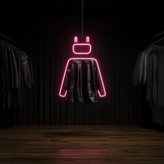 Neon Light Display of Clothing on Hanger in Dark Retail Space