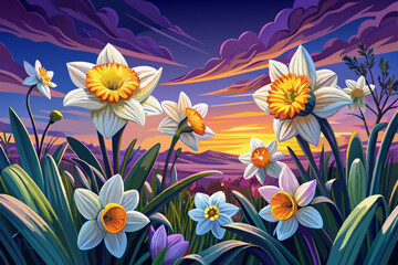 Obraz premium Daffodil flowers in the field landscape background