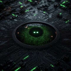 Futuristic Circuit Board Design with Green Neon Elements and Glow