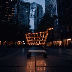 Illuminated Shopping Cart at Night in Urban Setting with Twinkling Lights