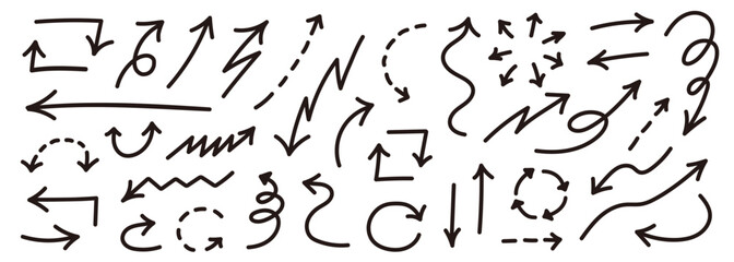 手描きの矢印のセット。シンプルな線の矢印マーク。ベクターアイコン。色んな種類のカーソル。