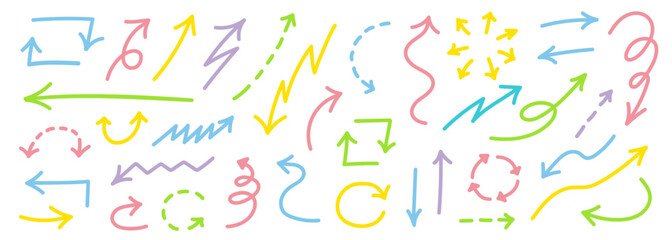 手描きの矢印のセット。シンプルな線の矢印マーク。ベクターアイコン。色んな種類のカーソル。