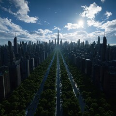 Futuristic Cityscape with Lush Greenery and Urban Skyline