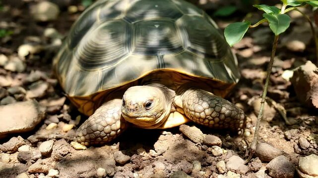  Tortoise resting in tree shade, shell blending with soil and rocks