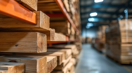 Obraz premium Rustic Wooden Beams Stacked Neatly in a Bright and Spacious Warehouse Environment