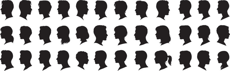 Silhouette head profile vector set diverse people faces illustration black and white graphic design art