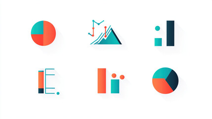 A set of minimalist flat business icons in vector style in bright cyan, coral and teal colors on white background, designed for corporate themes such as finance, technology and analytics.