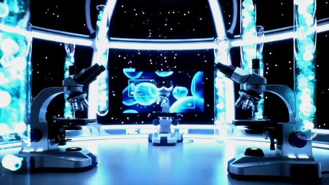 Futuristic Laboratory Interior with Microscopes and Neon Blue Light