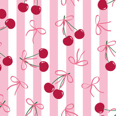 Pink girly trendy bows cherry stripe geo seamless pattern. Coquette cherries with gift bow vector illustration for print. 