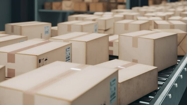 Cardboard boxes travel on a conveyor belt in a distribution warehouse. E-commerce, shipping, logistics concept. Close-up, DOF. Ultra HD 4K 3840x2160 3D animation.